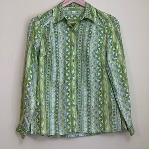 Sigrid Olsen | 100% Linen Green White Mixed Print Button Down Collared Shirt XS